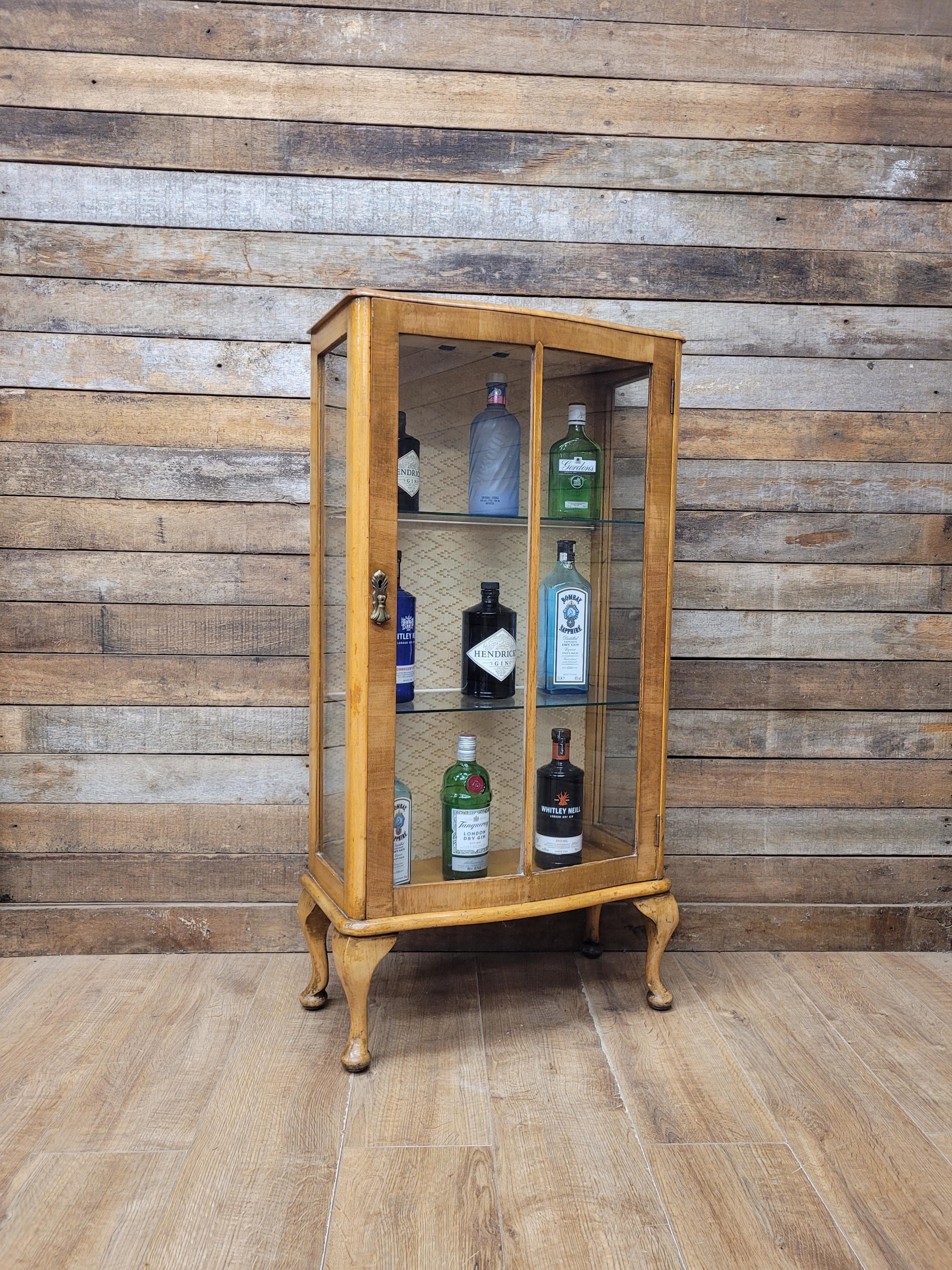 Vintage Walnut Display Cabinet Glazed Doors Queen Anne Legs Curio Drinks Cabinet