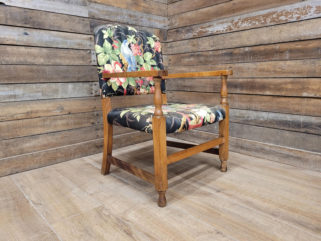 Vintage Wooden Armchair Floral Upholstered Open Arm Accent Seat Bedroom Chair