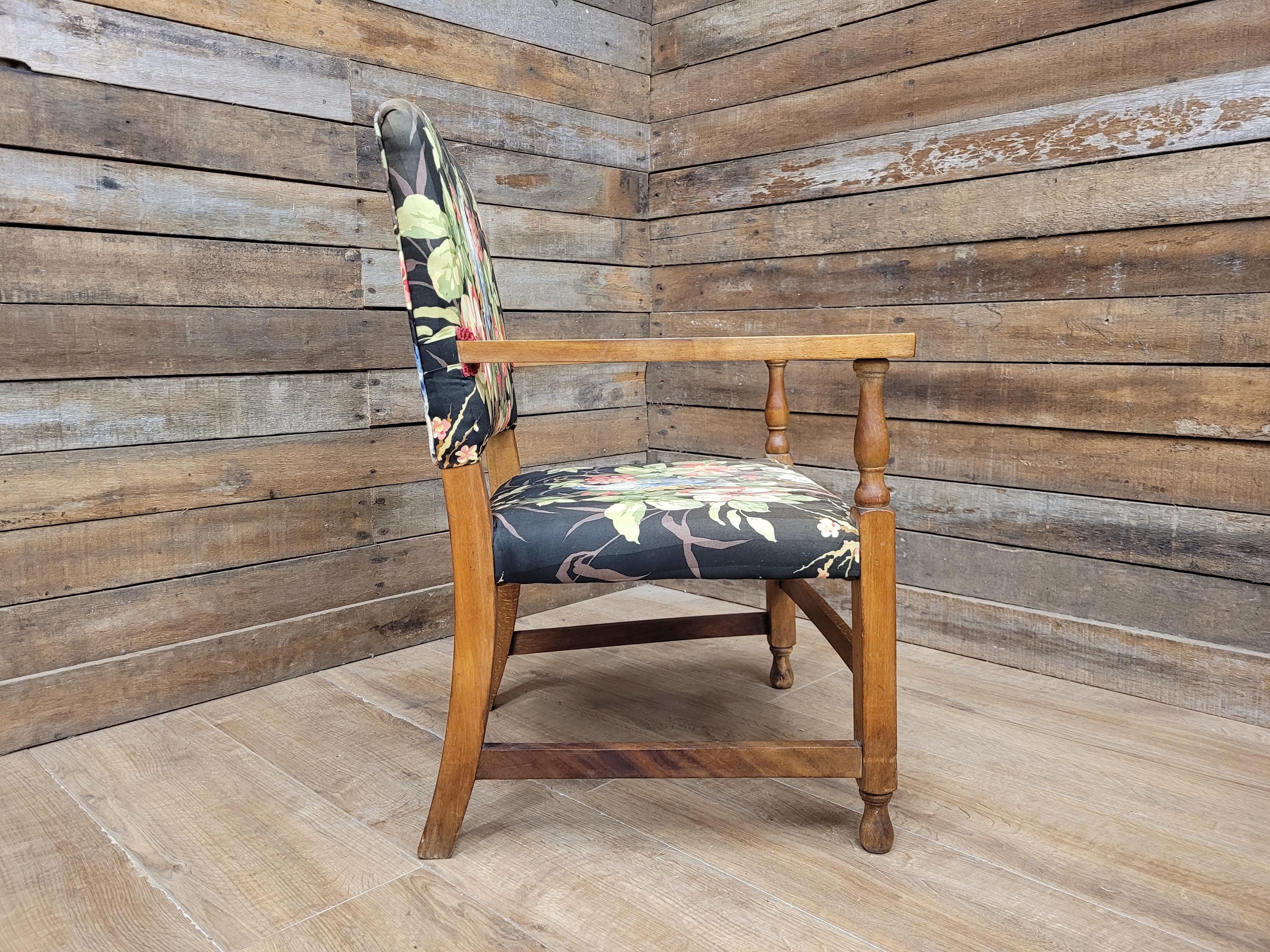 Vintage Wooden Armchair Floral Upholstered Open Arm Accent Seat Bedroom Chair