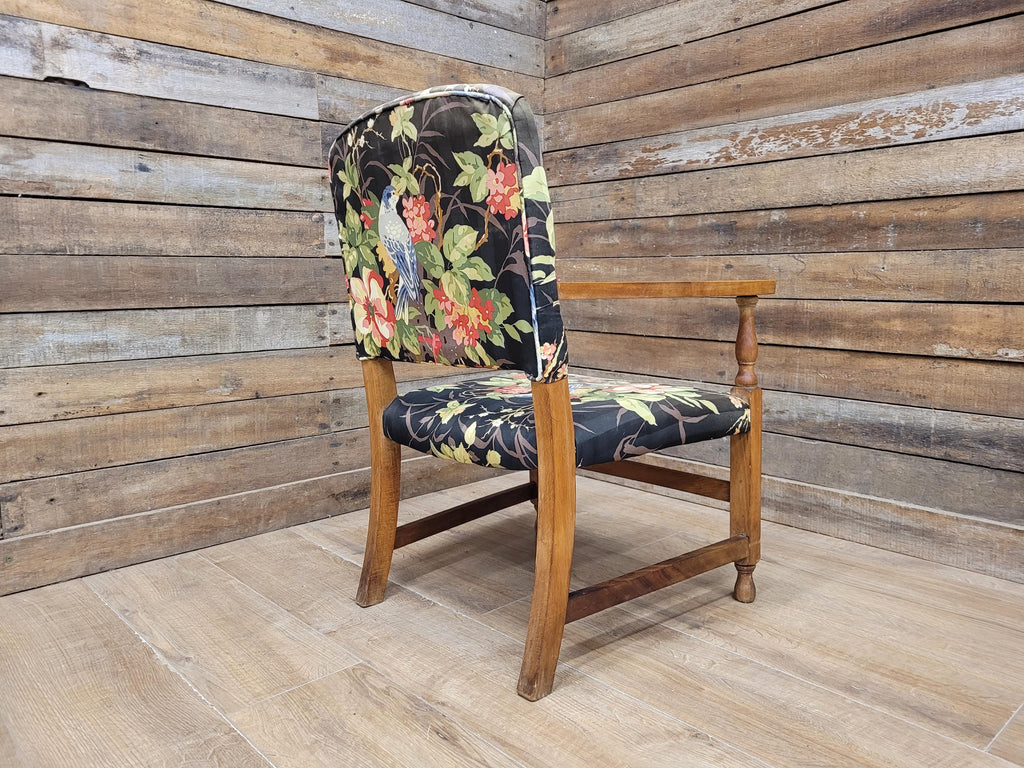 Vintage Wooden Armchair Floral Upholstered Open Arm Accent Seat Bedroom Chair