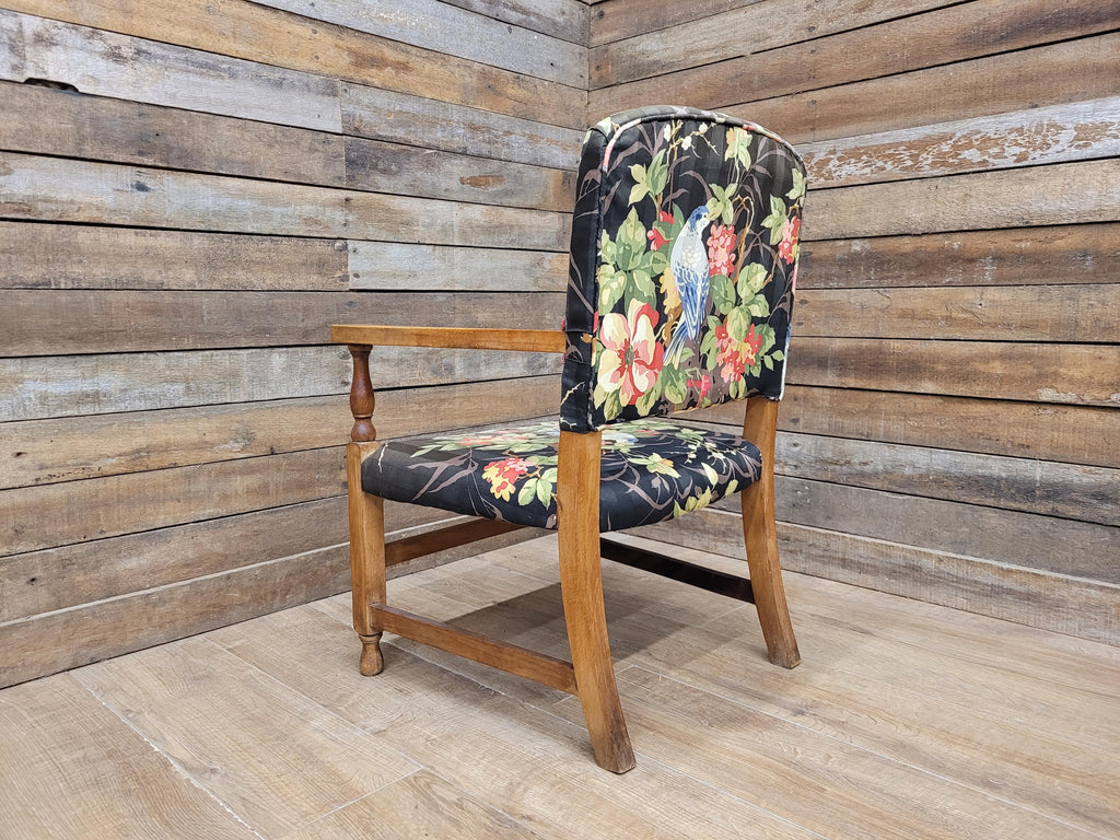 Vintage Wooden Armchair Floral Upholstered Open Arm Accent Seat Bedroom Chair