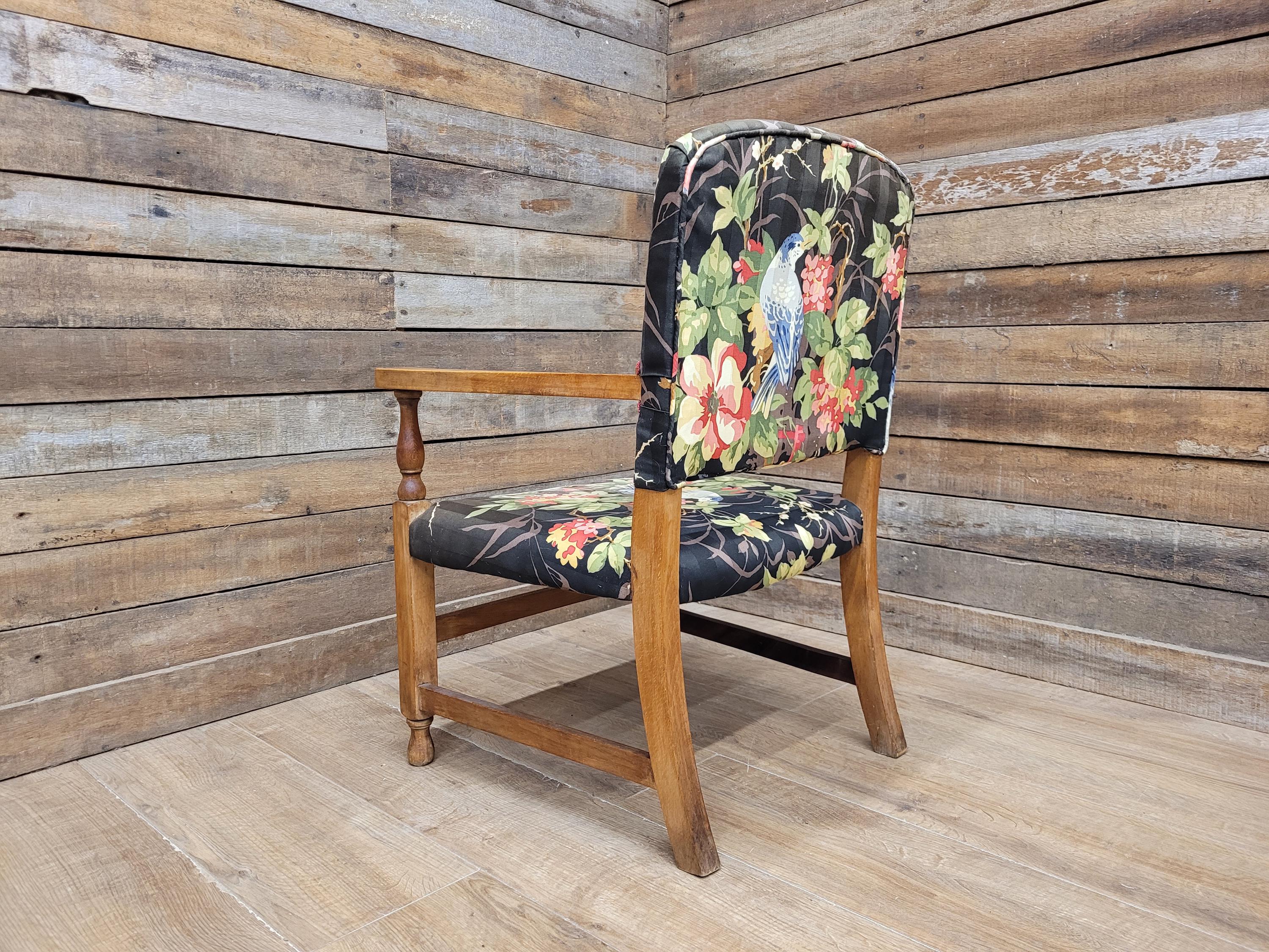 Vintage Wooden Armchair Floral Upholstered Open Arm Accent Seat Bedroom Chair