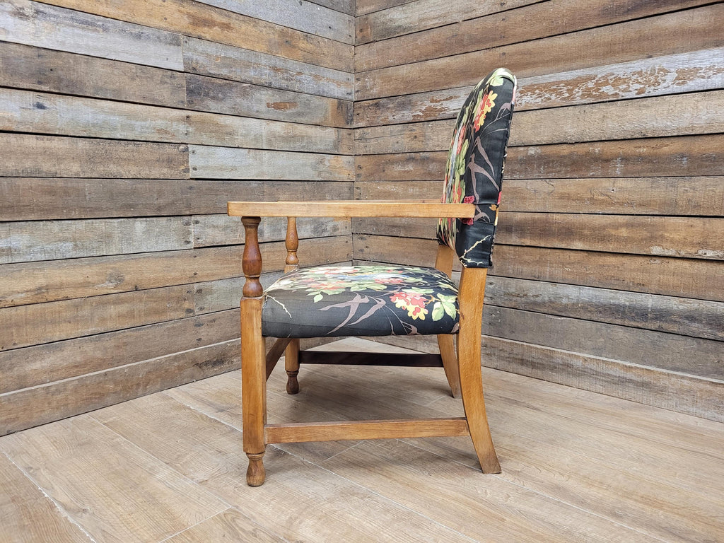 Vintage Wooden Armchair Floral Upholstered Open Arm Accent Seat Bedroom Chair