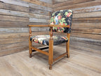 Vintage Wooden Armchair Floral Upholstered Open Arm Accent Seat Bedroom Chair