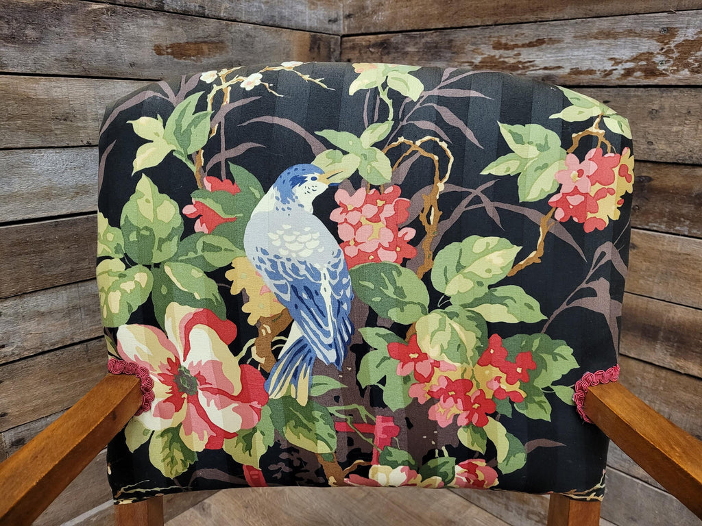 Vintage Wooden Armchair Floral Upholstered Open Arm Accent Seat Bedroom Chair