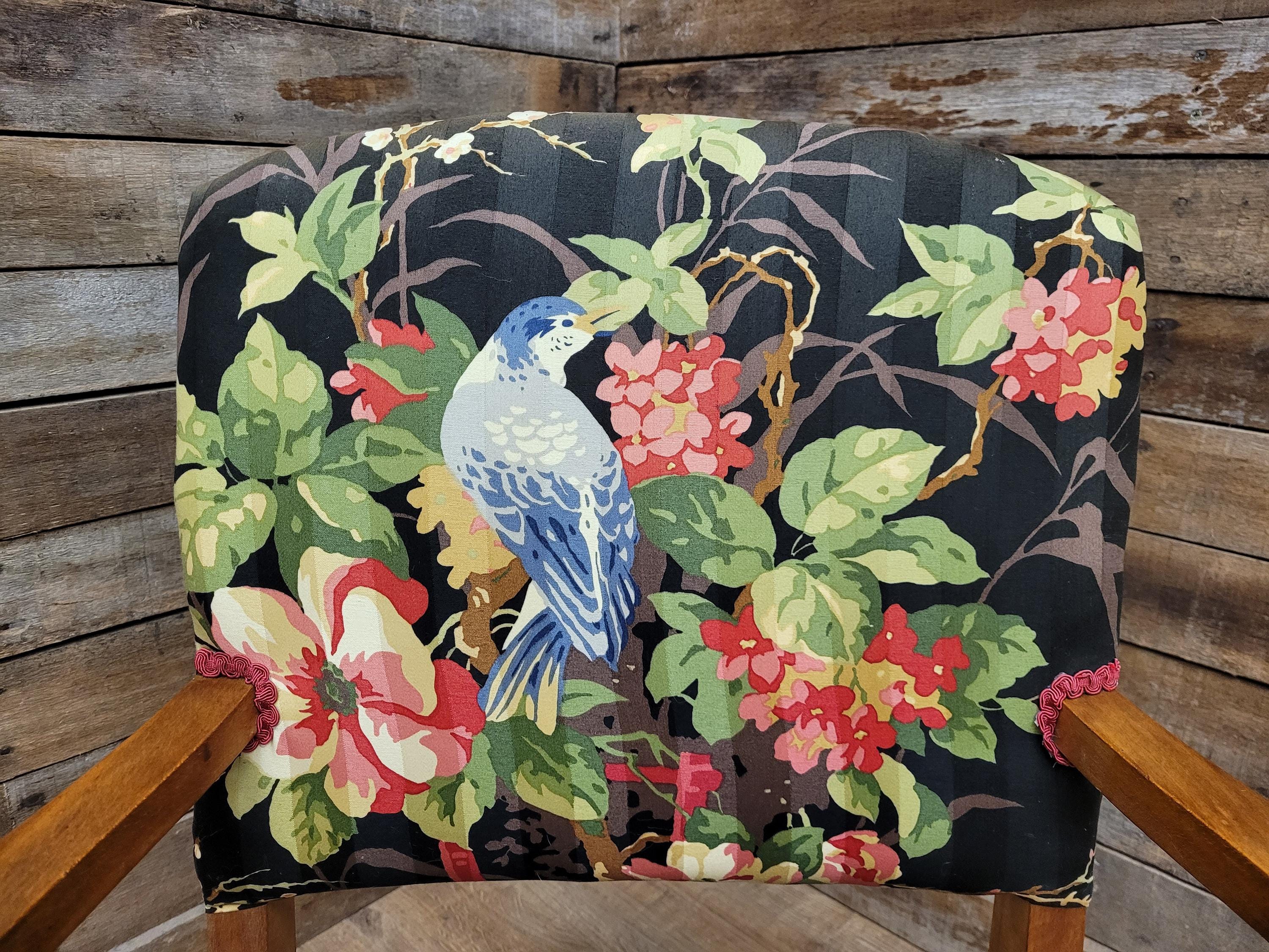 Vintage Wooden Armchair Floral Upholstered Open Arm Accent Seat Bedroom Chair