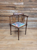 Edwardian Corner Chair Mahogany Inlaid Upholstered Morris Bird Fabric Antique