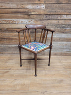 Edwardian Corner Chair Mahogany Inlaid Upholstered Morris Bird Fabric Antique