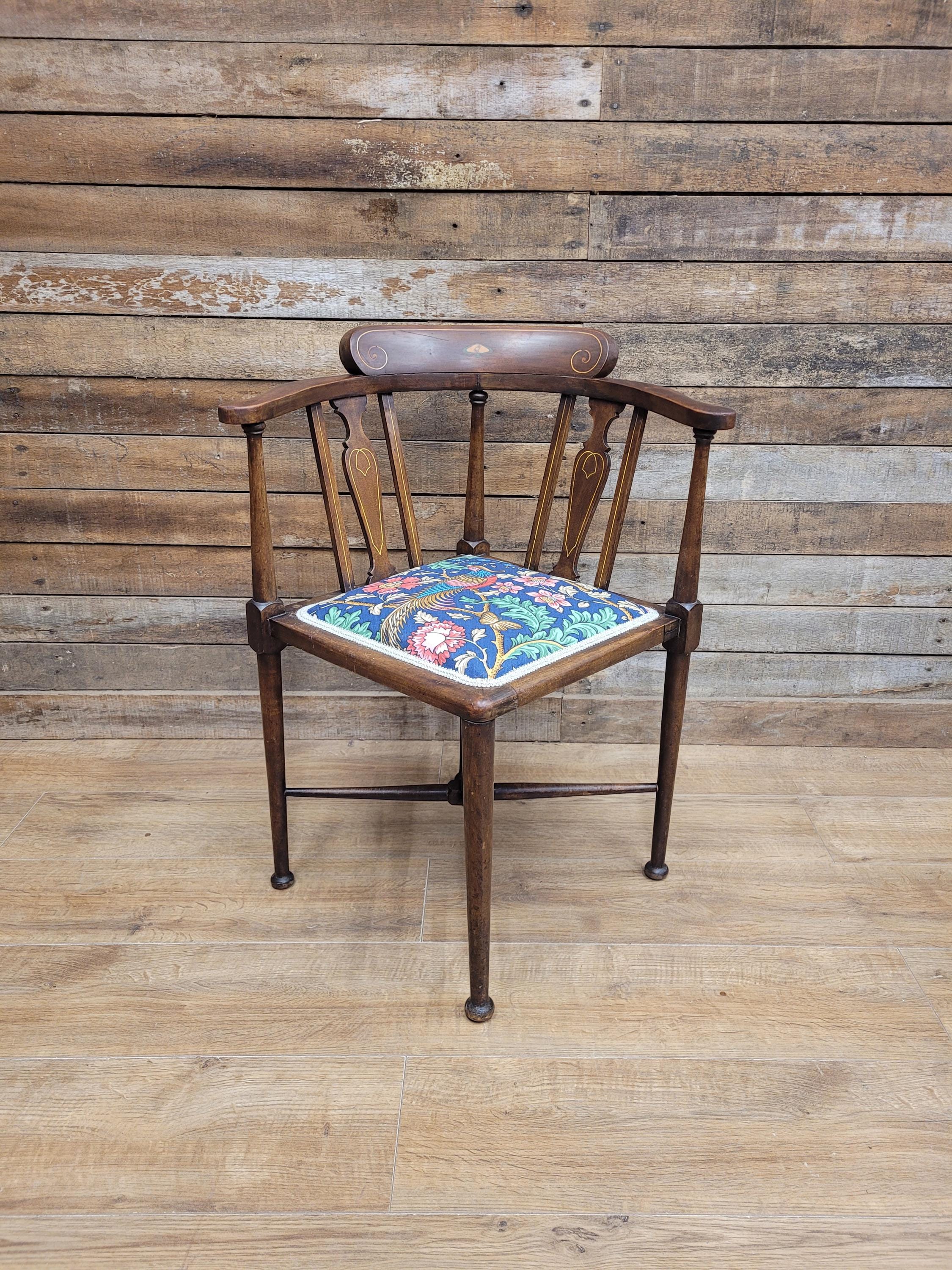 Edwardian Corner Chair Mahogany Inlaid Upholstered Morris Bird Fabric Antique