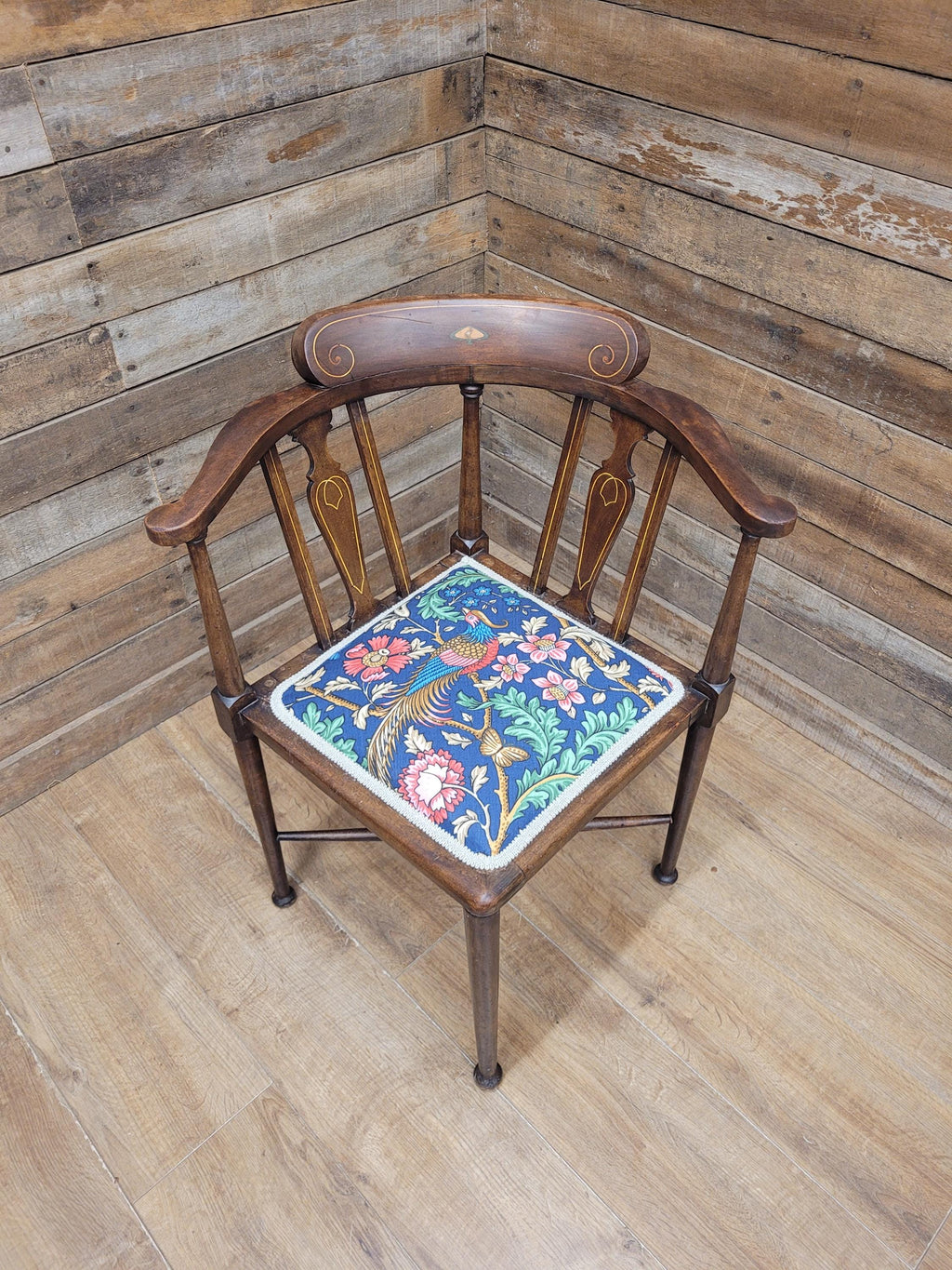 Edwardian Corner Chair Mahogany Inlaid Upholstered Morris Bird Fabric Antique