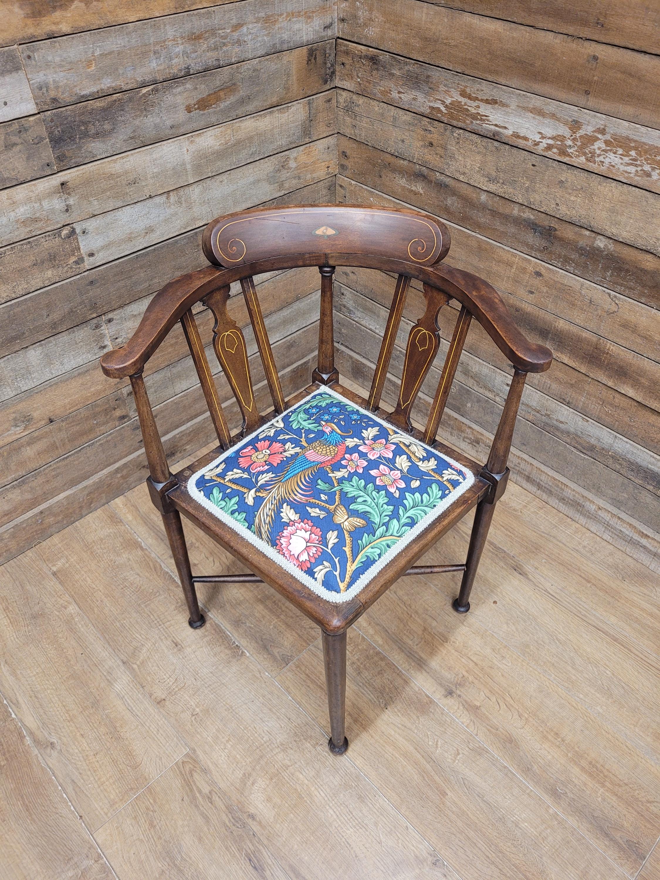 Edwardian Corner Chair Mahogany Inlaid Upholstered Morris Bird Fabric Antique