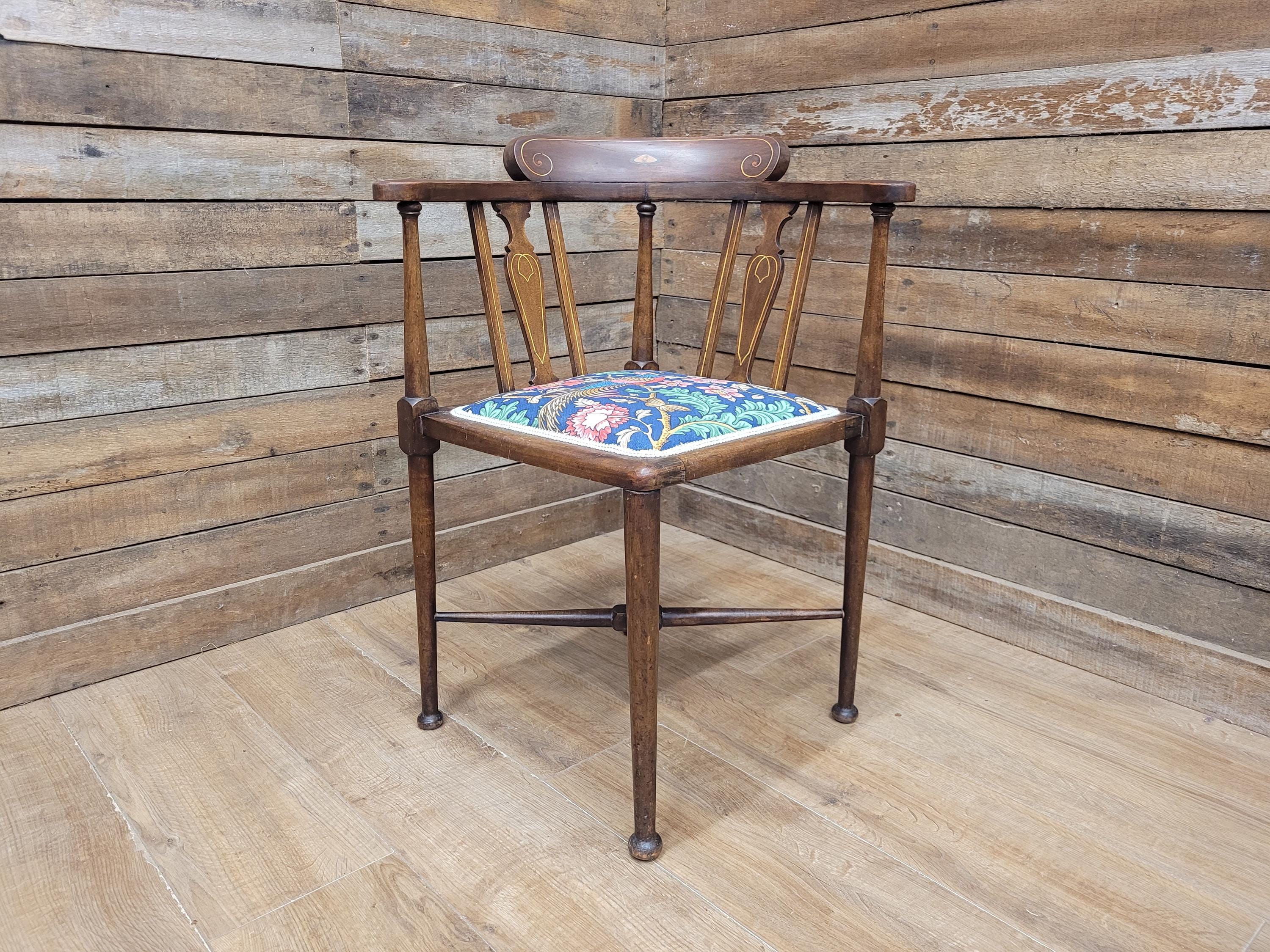 Edwardian Corner Chair Mahogany Inlaid Upholstered Morris Bird Fabric Antique