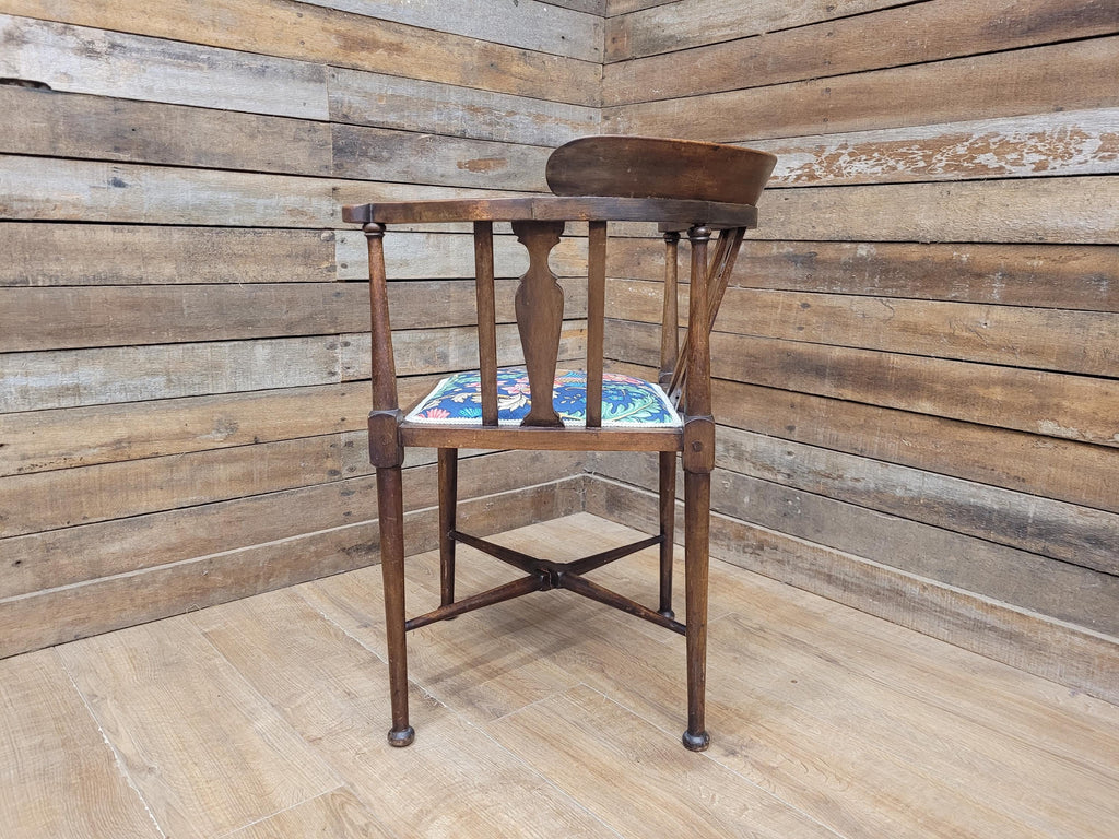 Edwardian Corner Chair Mahogany Inlaid Upholstered Morris Bird Fabric Antique