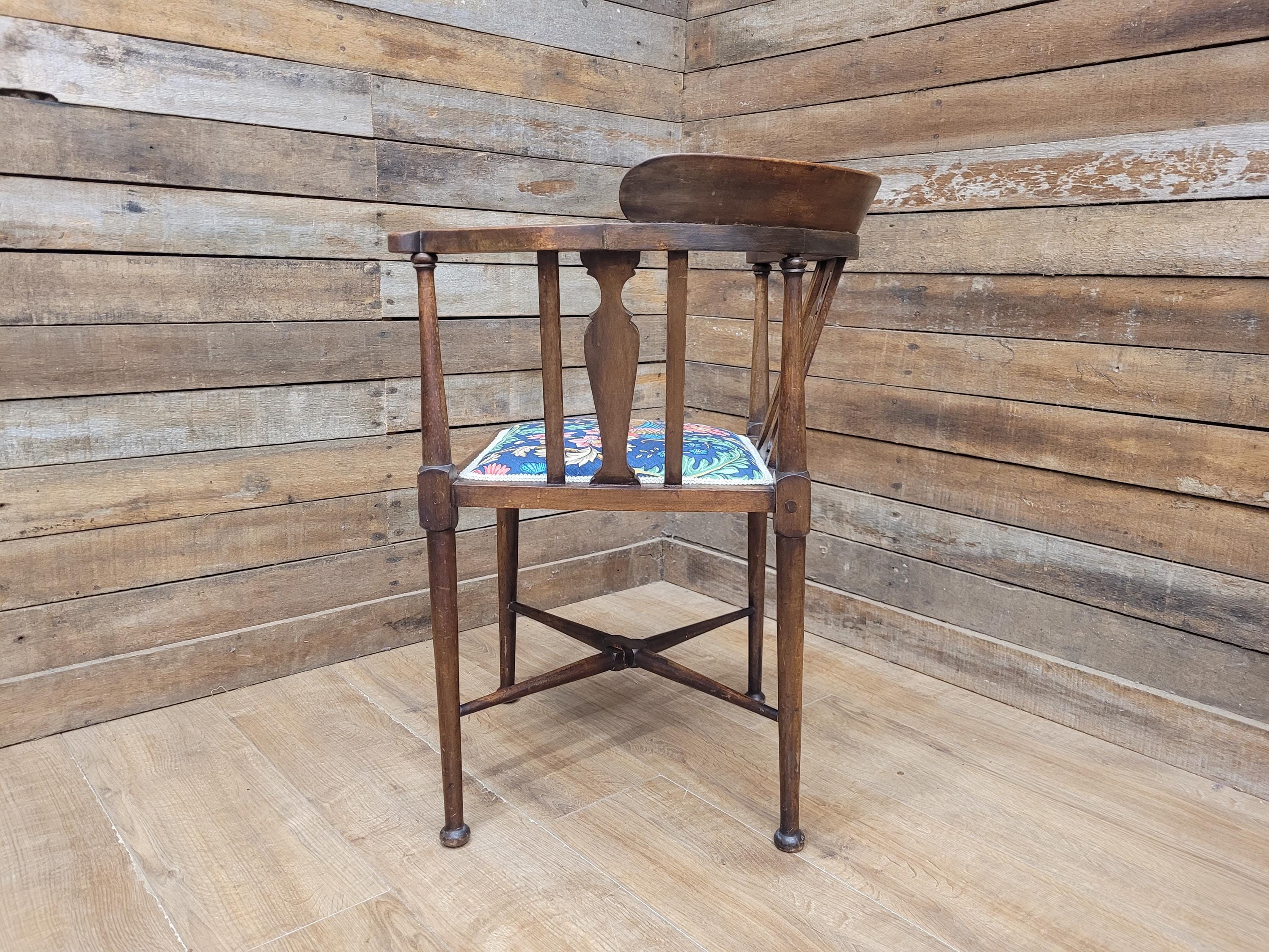 Edwardian Corner Chair Mahogany Inlaid Upholstered Morris Bird Fabric Antique