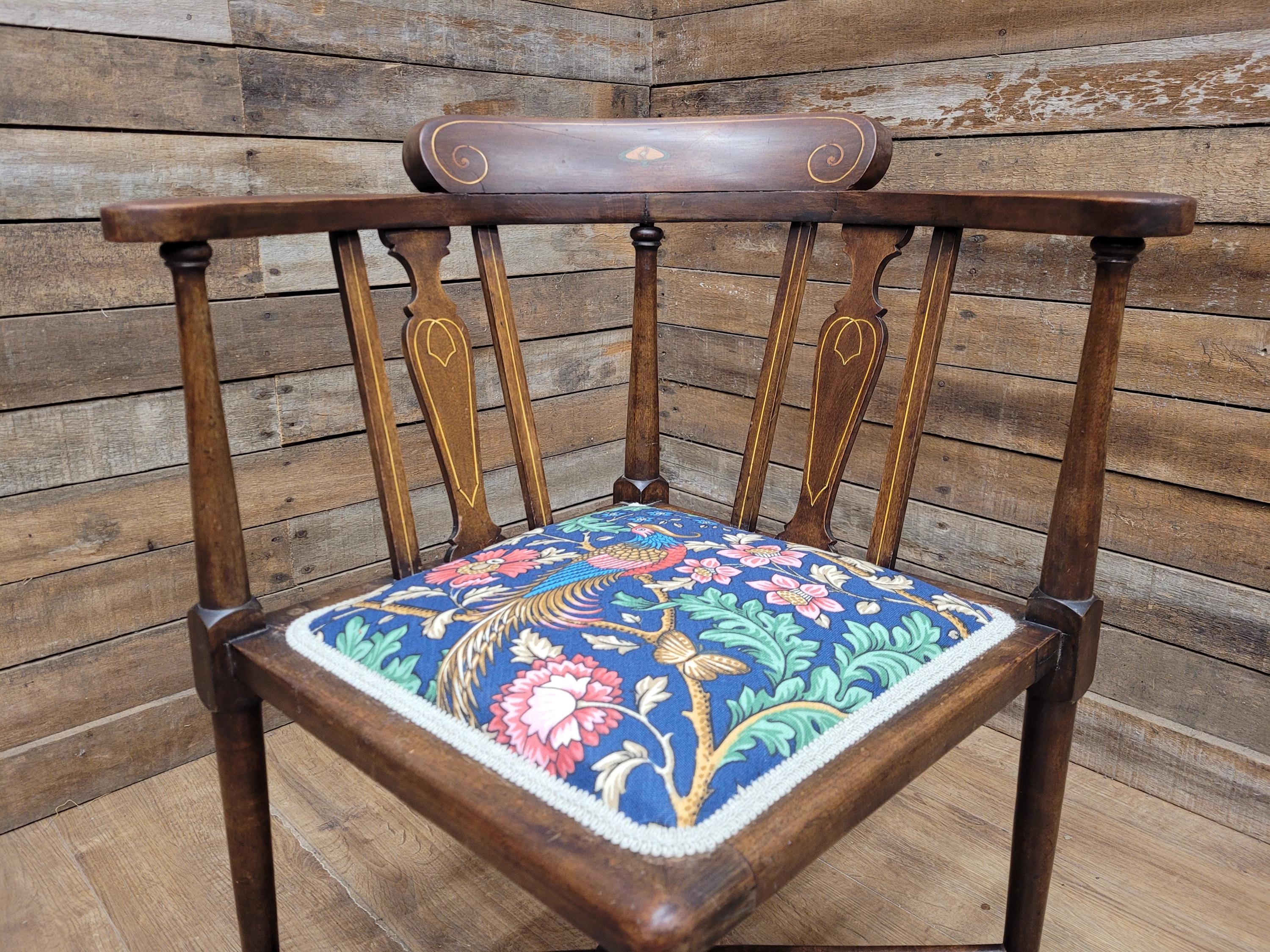 Edwardian Corner Chair Mahogany Inlaid Upholstered Morris Bird Fabric Antique