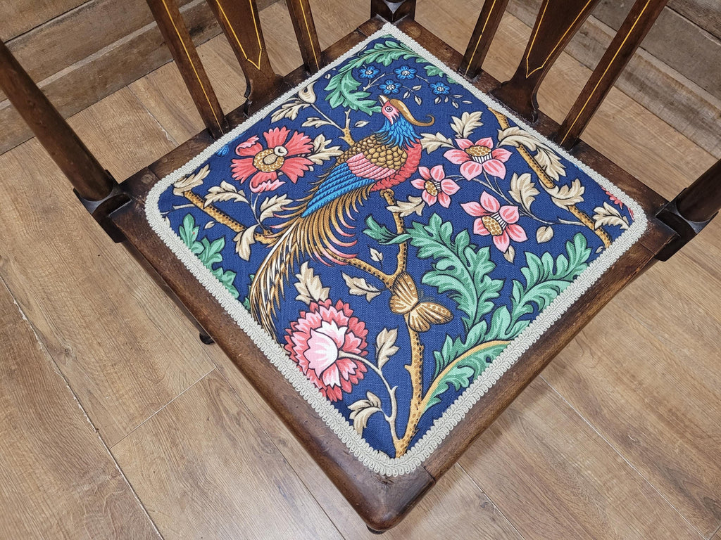 Edwardian Corner Chair Mahogany Inlaid Upholstered Morris Bird Fabric Antique