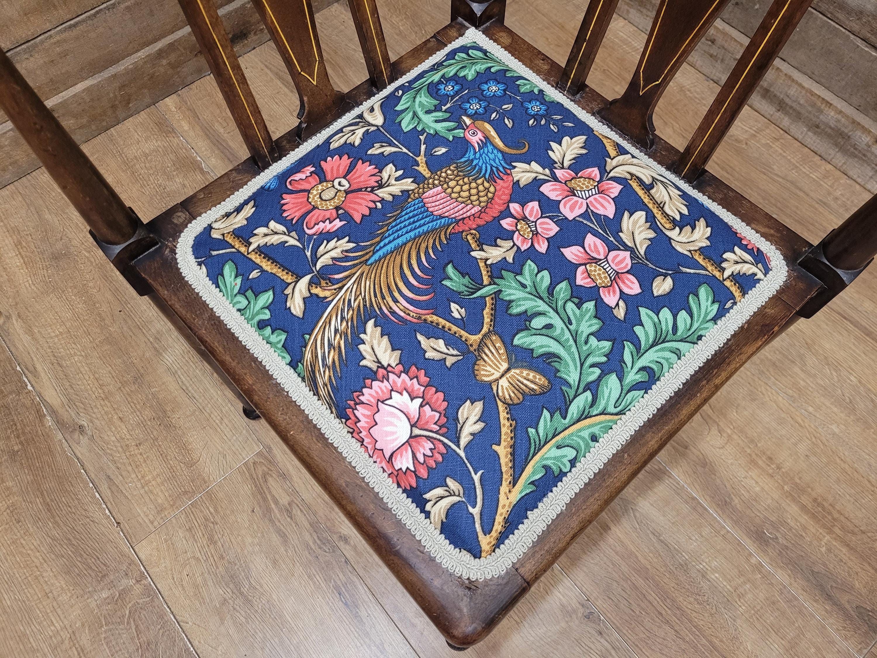 Edwardian Corner Chair Mahogany Inlaid Upholstered Morris Bird Fabric Antique