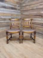 Pair Oak Arts & Craft Influenced Chairs Vintage Carved Back Padded Seats