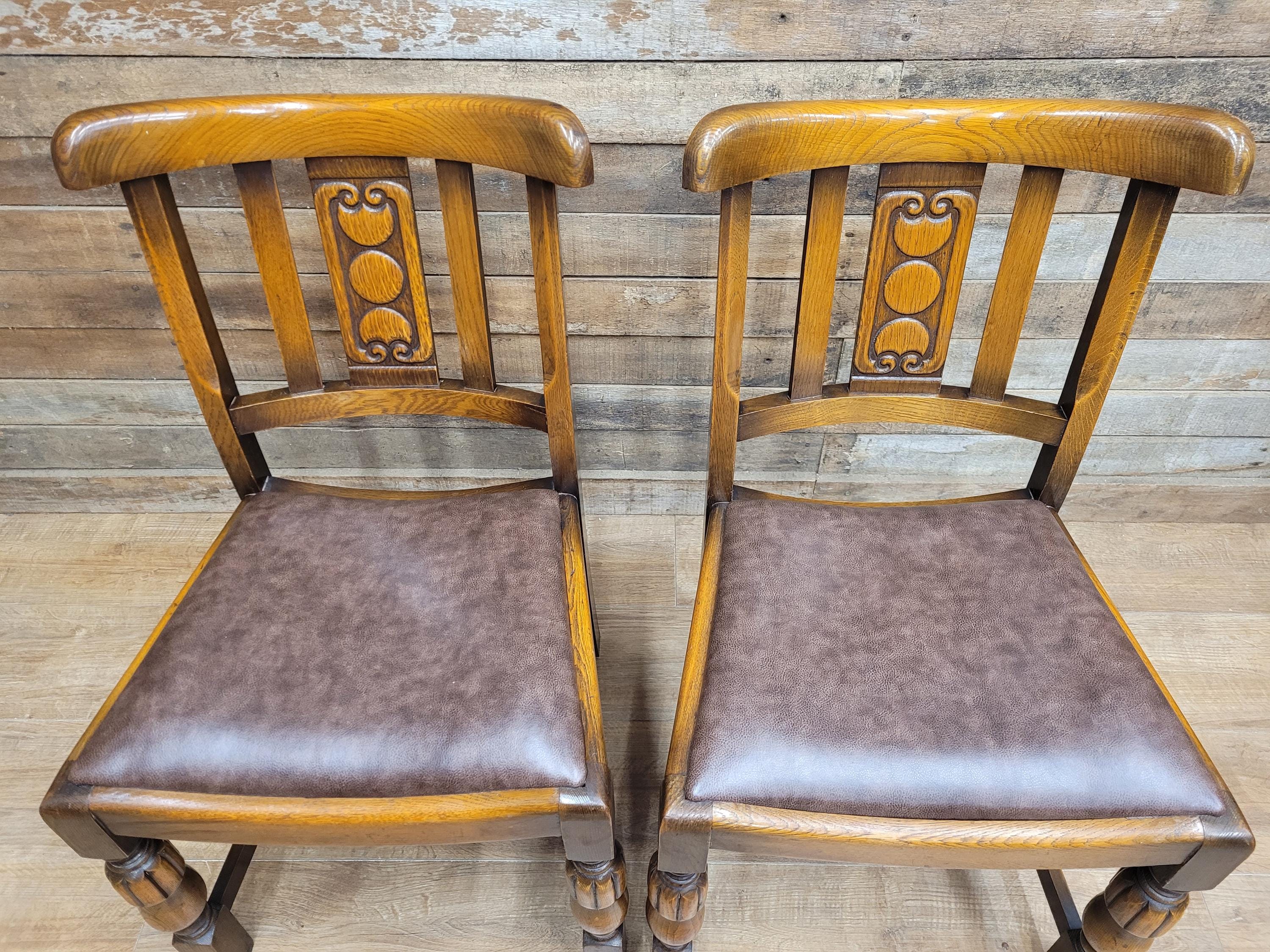 Pair Oak Arts & Craft Influenced Chairs Vintage Carved Back Padded Seats