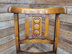 Pair Oak Arts & Craft Influenced Chairs Vintage Carved Back Padded Seats