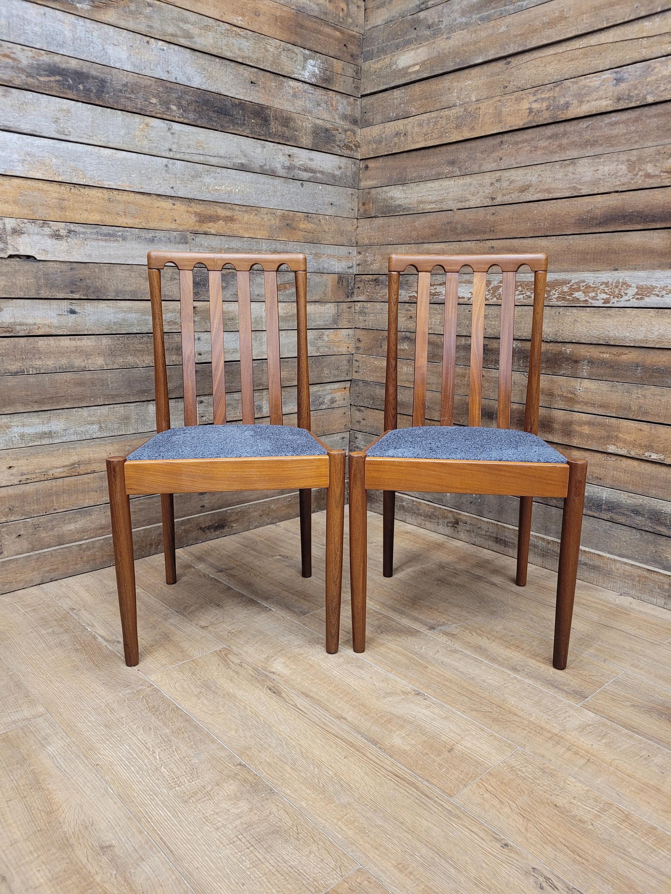 Pair Teak Meredew Chairs Boucle Upholstered Mid Century Slat Back Solid MCM