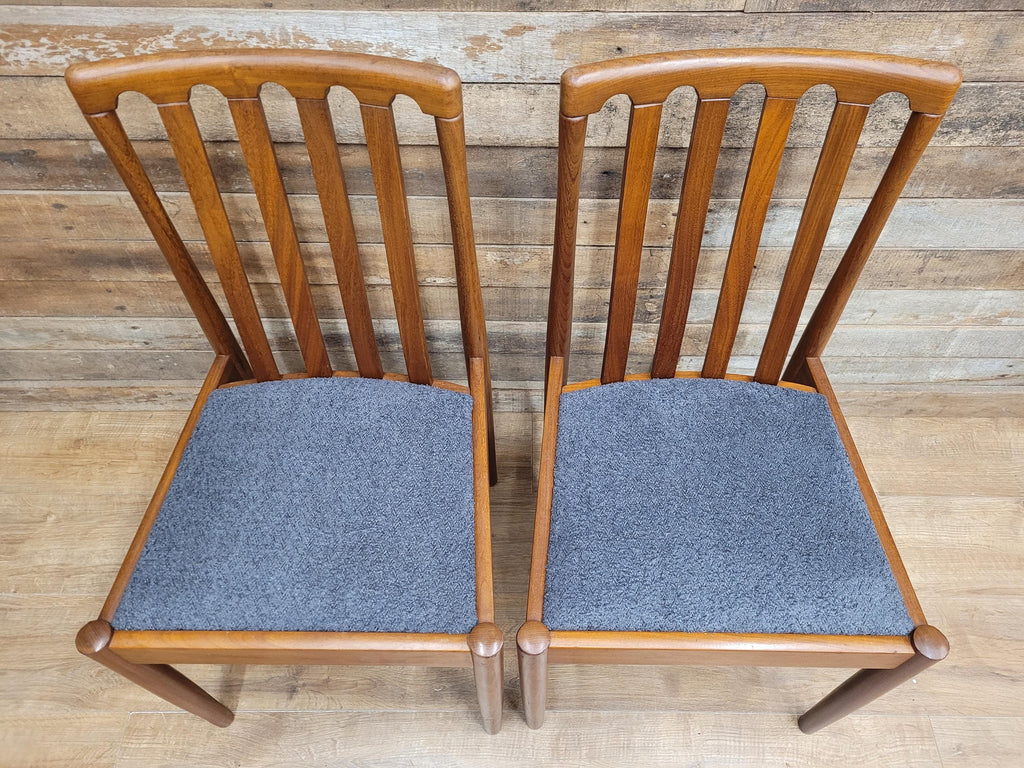Pair Teak Meredew Chairs Boucle Upholstered Mid Century Slat Back Solid MCM