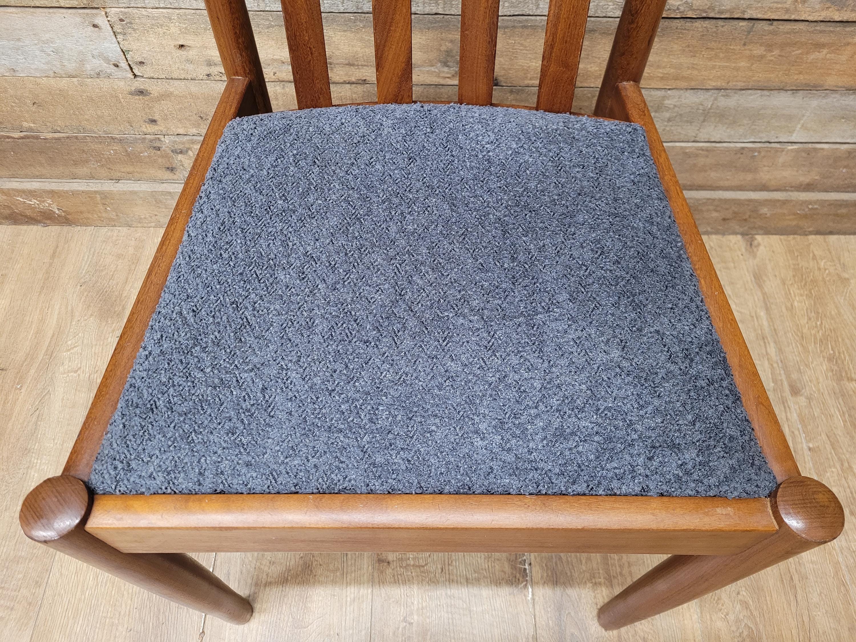 Pair Teak Meredew Chairs Boucle Upholstered Mid Century Slat Back Solid MCM