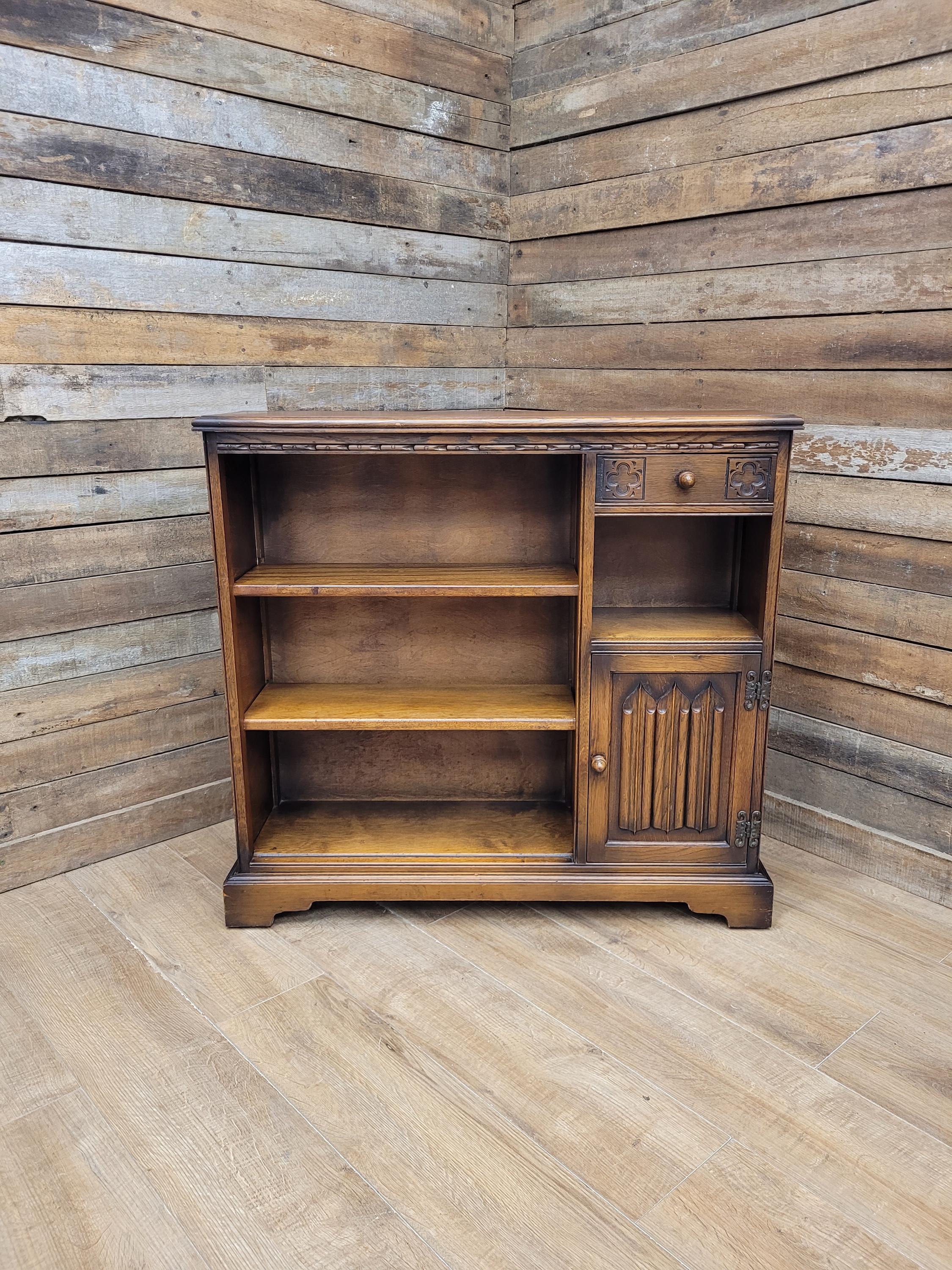 Wood Bros Old Charm Oak Bookcase Vintage Carved Cupboard Drawer Cabinet