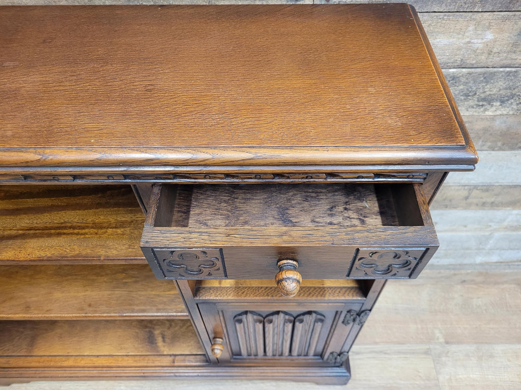 Wood Bros Old Charm Oak Bookcase Vintage Carved Cupboard Drawer Cabinet