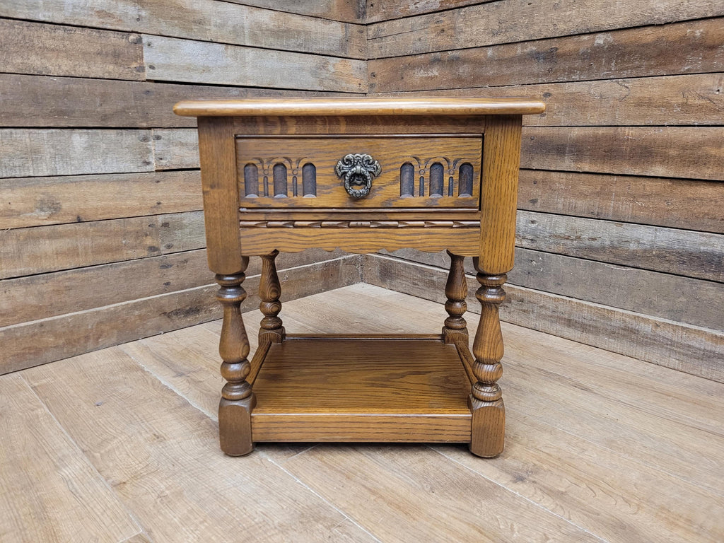 Wood Bros Old Charm Oak Side Table Vintage Carved Drawer Lamp Table