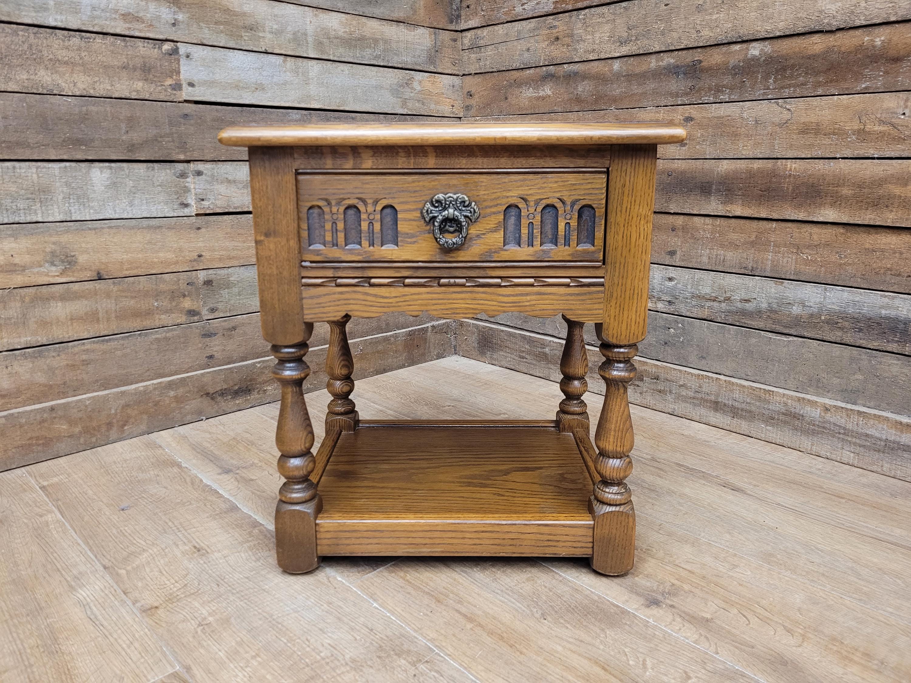 Wood Bros Old Charm Oak Side Table Vintage Carved Drawer Lamp Table