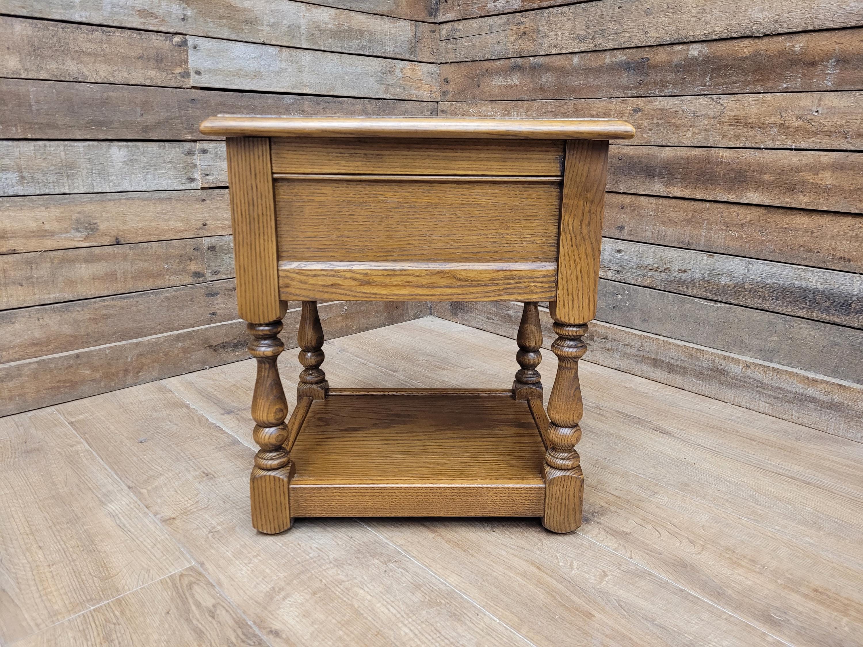 Wood Bros Old Charm Oak Side Table Vintage Carved Drawer Lamp Table