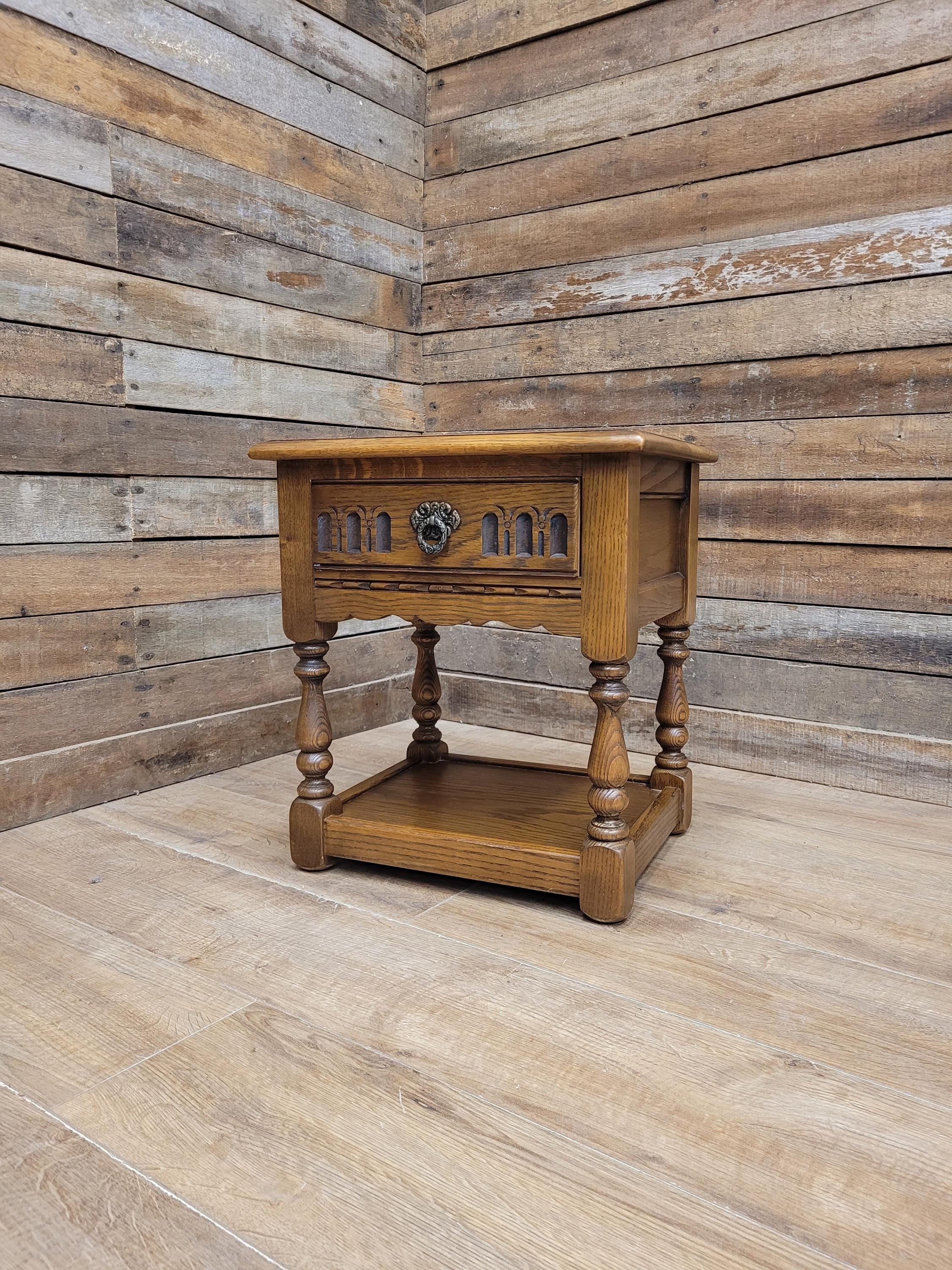 Wood Bros Old Charm Oak Side Table Vintage Carved Drawer Lamp Table