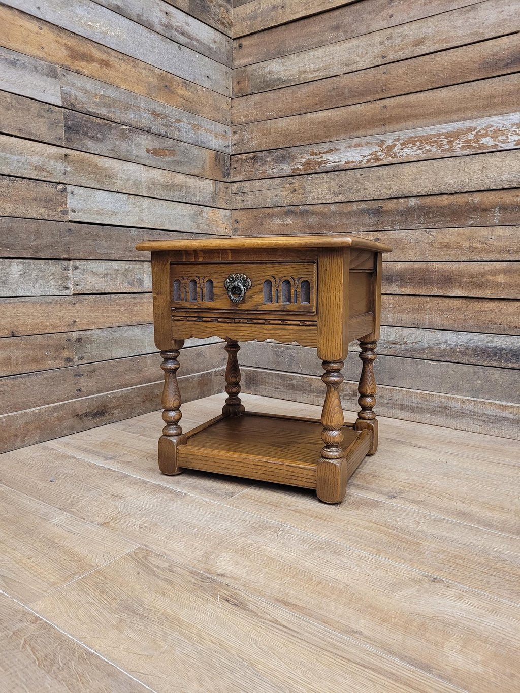 Wood Bros Old Charm Oak Side Table Vintage Carved Drawer Lamp Table