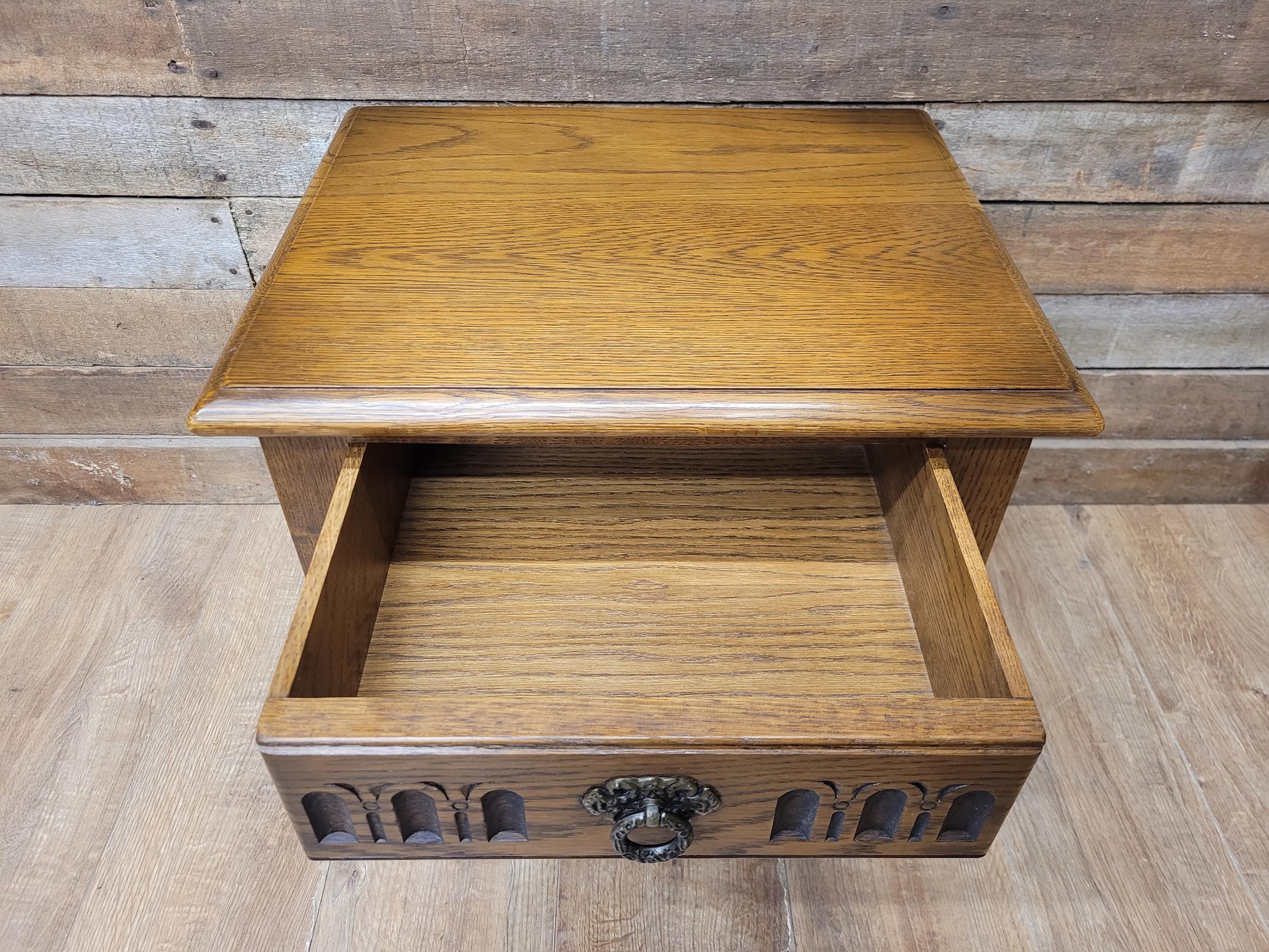 Wood Bros Old Charm Oak Side Table Vintage Carved Drawer Lamp Table