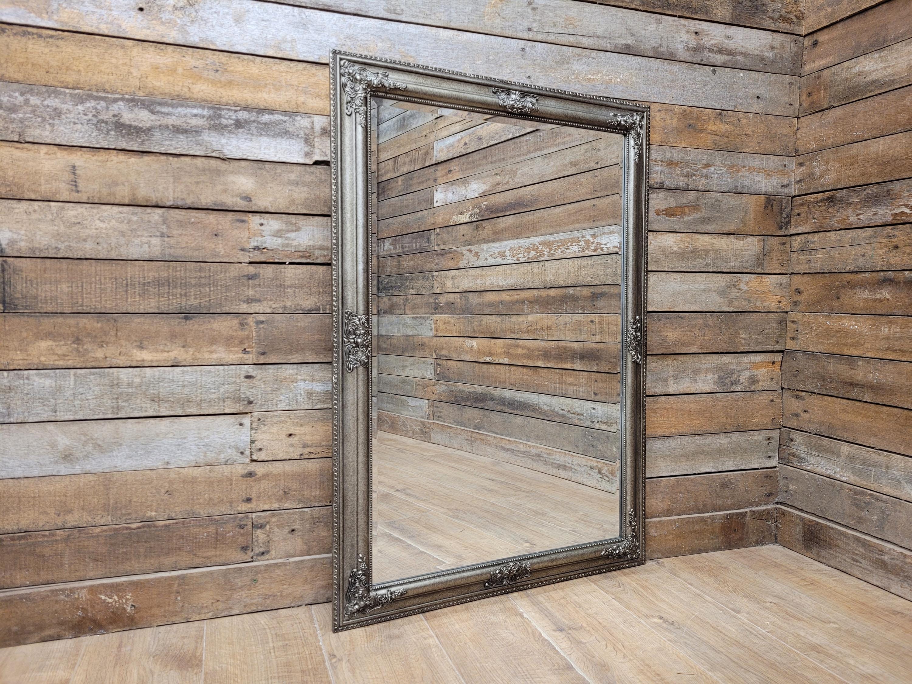 Large Silver Bevell Edge Wall Mirror Vintage Ornate Decorative Frame