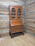 Oak Bureau Bookcase Leaded Glass Vintage Secretariat Drop Front Cabinet