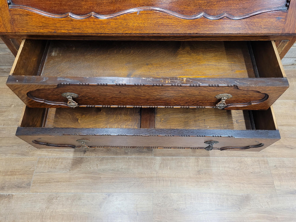 Oak Bureau Bookcase Leaded Glass Vintage Secretariat Drop Front Cabinet