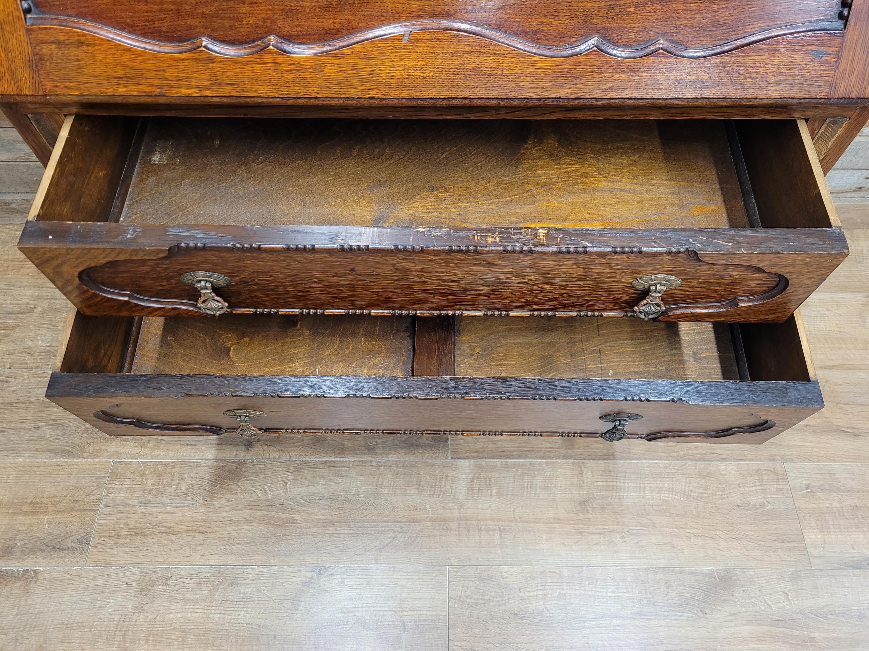 Oak Bureau Bookcase Leaded Glass Vintage Secretariat Drop Front Cabinet
