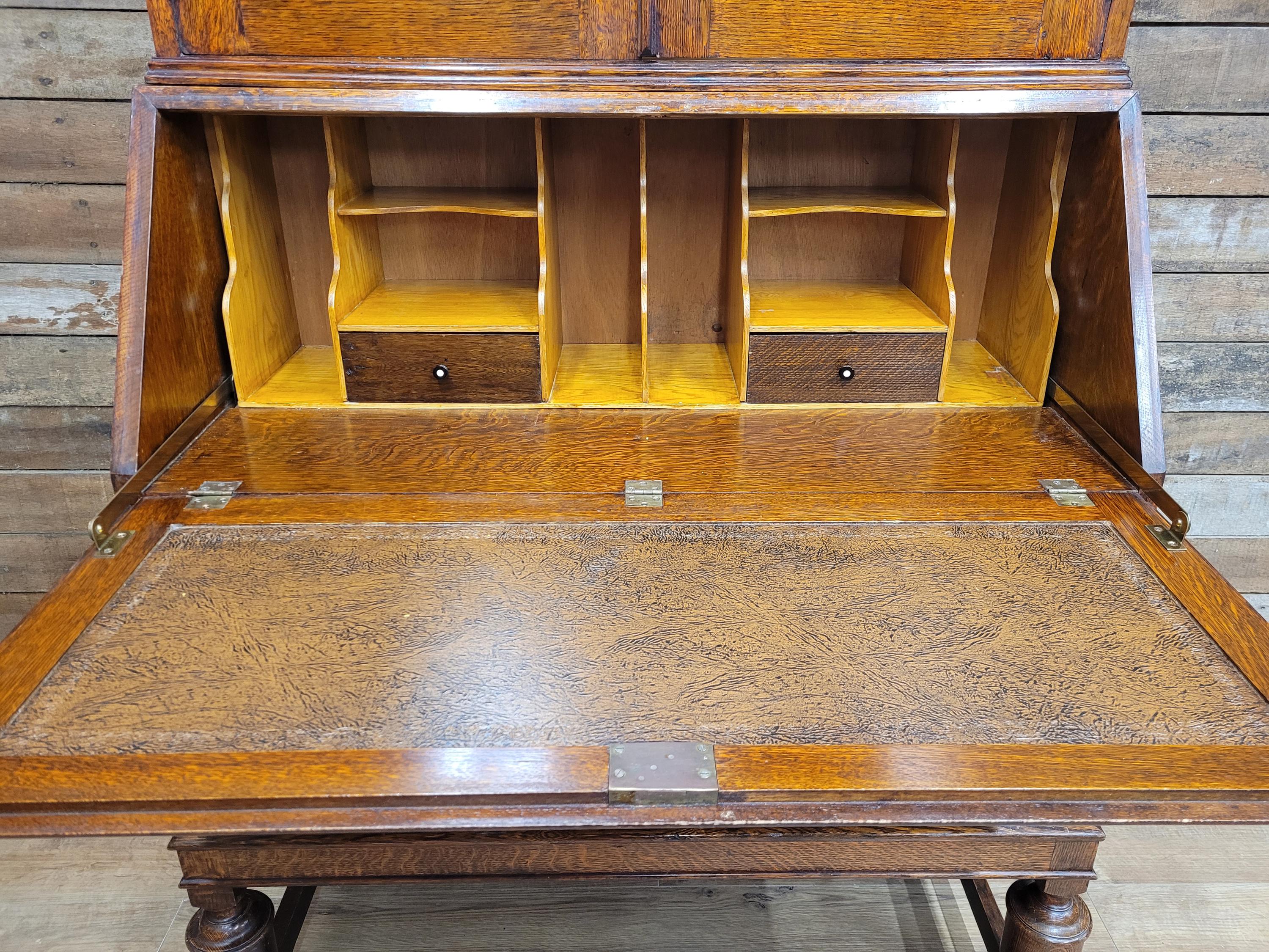 Oak Bureau Bookcase Leaded Glass Vintage Secretariat Drop Front Cabinet