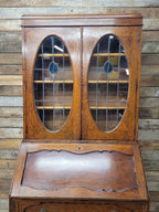 Oak Bureau Bookcase Leaded Glass Vintage Secretariat Drop Front Cabinet