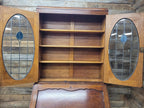 Oak Bureau Bookcase Leaded Glass Vintage Secretariat Drop Front Cabinet