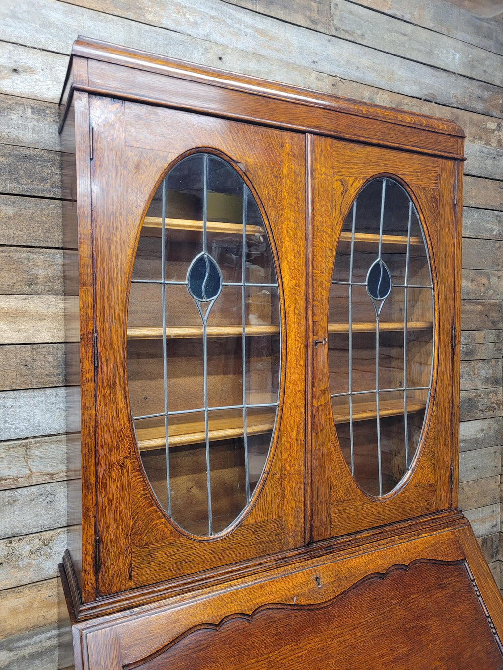 Oak Bureau Bookcase Leaded Glass Vintage Secretariat Drop Front Cabinet