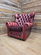 Chesterfield Wingback Armchair Leather Oxblood Red Vintage Tartan Cushion #1