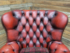 Chesterfield Wingback Armchair Leather Oxblood Red Vintage Tartan Cushion #1