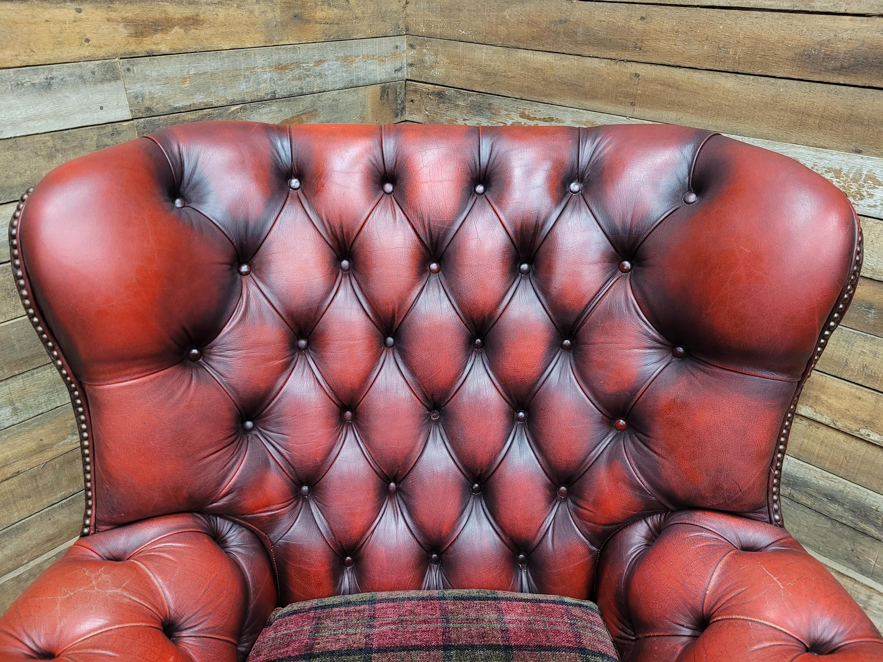 Chesterfield Wingback Armchair Leather Oxblood Red Vintage Tartan Cushion #1