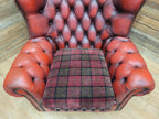Chesterfield Wingback Armchair Leather Oxblood Red Vintage Tartan Cushion #1