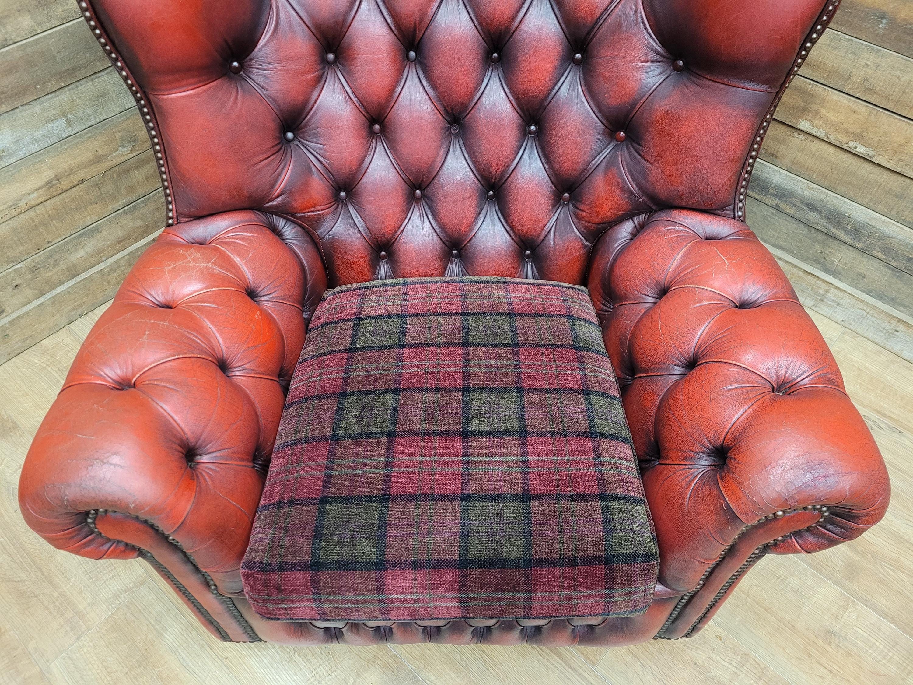 Chesterfield Wingback Armchair Leather Oxblood Red Vintage Tartan Cushion #1