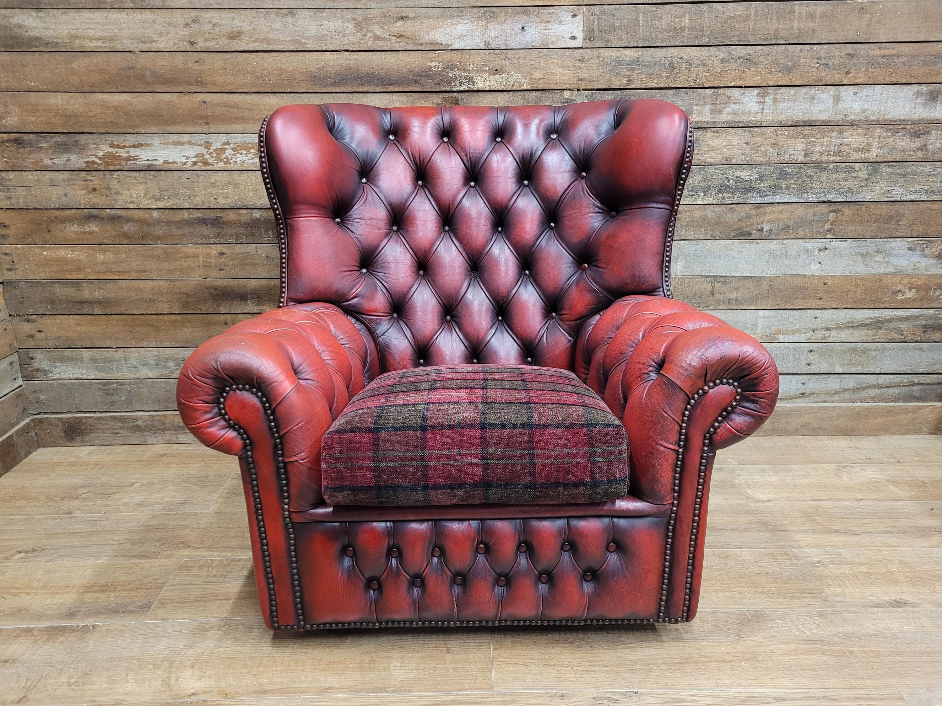 Chesterfield Wingback Armchair Leather Oxblood Red Vintage Tartan Cushion #1