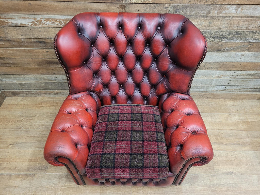 Chesterfield Wingback Armchair Leather Oxblood Red Vintage Tartan Cushion #1